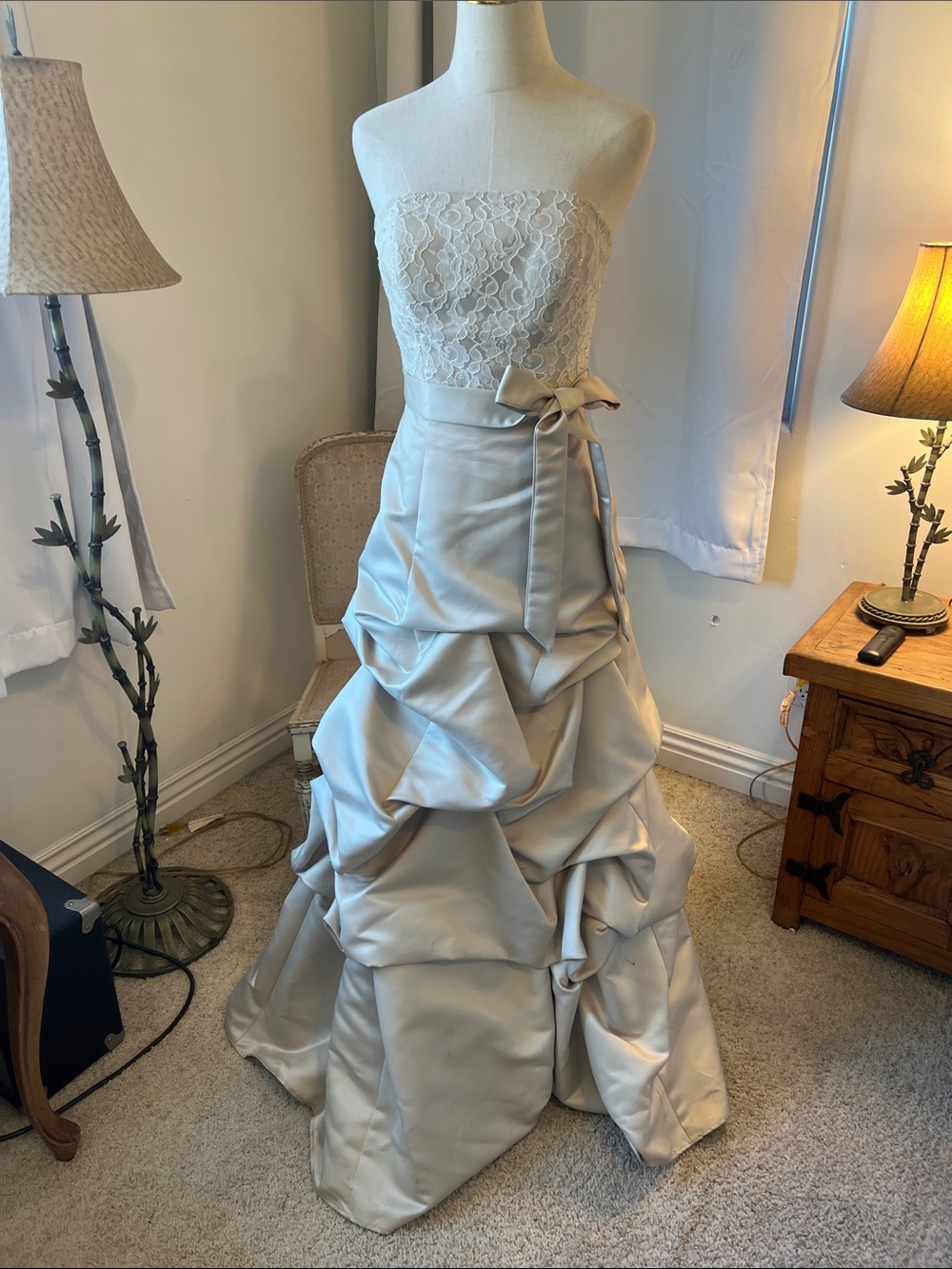 Vintage Mari Lee Strapless Ivory Satin Ball Gown Skirt with Lace Bodice